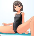  1girl absurdres bench black_hair black_swimsuit blue_background blue_eyes breasts clothes_writing competition_swimsuit covered_navel grin highleg highleg_swimsuit highres logo looking_at_viewer mizuno mole mole_under_eye one-piece_swimsuit original short_hair sitting small_breasts smile solo spread_legs striped striped_swimsuit swimsuit takafumi tan 