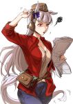  1girl ? alternate_costume animal_ears arm_up bag black_headwear blue_pants blue_ribbon breasts cleavage collared_shirt commentary confused cowboy_shot denim earmuffs eyelashes gold_ship_(umamusume) hair_ribbon hat holding holding_newspaper horse_ears horse_tail jeans long_hair mechanical_pencil medium_breasts motion_lines newspaper open_clothes open_mouth open_shirt pants pencil purple_eyes raised_eyebrow red_shirt ribbed_shirt ribbon saeki_shun satchel shirt silver_hair simple_background sleeves_rolled_up solo squiggle tail umamusume white_background white_shirt wing_collar 