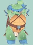  2021 anthro blush bulge clothing eyes_closed green_body kdmn male reptile scalie simple_background solo teenage_mutant_ninja_turtles turtle underwear young 