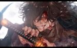  1boy absurdres black_hair blood blood_on_face blurry brown_scarf check_copyright commentary_request copyright_request fate/grand_order fate_(series) fingernails futon_(ft_n7118) grin hair_over_one_eye highres holding holding_sword holding_weapon katana koha-ace letterboxed light_particles long_hair male_focus okada_izou_(fate) one_eye_covered ready_to_draw red_eyes scarf sheath sheathed smile solo sword weapon 