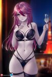  1girl bangs bare_shoulders black_bra black_panties blush bra breasts cup drinking_glass genshin_impact hair_between_eyes helloimtea highleg highleg_panties highres large_breasts lingerie long_hair looking_at_viewer multicolored_hair panties parted_lips purple_eyes purple_hair red_hair rosaria_(genshin_impact) streaked_hair thighs underwear wine_glass 