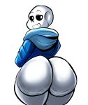  2021 animated_skeleton anterior_nasal_aperture big_butt blue_clothing blue_hoodie blue_topwear bone bottomless butt butt_focus clothed clothing grin hi_res hoodie humanoid light_theme looking_back male nathanatwar not_furry sans_(undertale) simple_background skeleton smile solo standing teeth thick_thighs topwear undead undertale video_games white_background white_body white_butt 