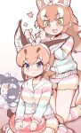  3girls :3 animal_ears blue_eyes blush bow caracal_(kemono_friends) caracal_ears caracal_girl caracal_tail commentary extra_ears eyebrows_visible_through_hair fang grey_wolf_(kemono_friends) hair_bow heterochromia highres japanese_wolf_(kemono_friends) kemono_friends kemono_friends_3 kneehighs light_brown_hair long_hair lying matching_outfit multiple_girls official_alternate_costume on_side pajamas shorts sitting sleepover slippers socks striped striped_legwear striped_pajamas striped_shorts tail tanaka_kusao wariza wolf_ears wolf_girl wolf_tail yellow_eyes 