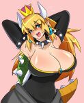  alternate_species alto-kun big_breasts blonde_hair blue_eyes blush bowser bowsette_meme breasts cleavage clothed clothing collar crossgender crown female hair hi_res humanoid humanoidized mario_bros meme nintendo not_furry pink_background simple_background solo spiked_collar spikes super_crown video_games 