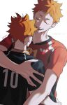  2boys absurdres age_difference closed_eyes from_behind haikyuu!! highres hinata_shouyou hug lovemaronmeru0827 multiple_boys older open_mouth orange_hair short_hair simple_background sportswear standing teeth time_paradox twitter_username upper_body volleyball_uniform white_background 