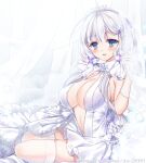  1girl azur_lane bare_shoulders blue_eyes breasts bridal_veil center_opening chinobara dress flower garter_straps gloves hair_ribbon halter_dress halterneck illustrious_(azur_lane) illustrious_(morning_star_of_love_and_hope)_(azur_lane) lace-trimmed_dress lace_trim large_breasts long_hair looking_at_viewer mole mole_under_eye official_alternate_costume ribbon silver_eyelashes skindentation sleeveless sleeveless_dress solo thighhighs thighs tiara tress_ribbon tri_tails veil wedding_dress white_dress white_flower white_gloves white_hair white_legwear 