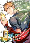  1boy bangs blonde_hair blurry bottomless character_name from_behind haikyuu!! holding jacket juice looking_at_viewer looking_back male_focus miya_atsumu off_shoulder profile rouye801 short_hair simple_background smile solo sportswear twitter_username volleyball_uniform yellow_eyes 