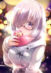  1girl blurry blush bokeh box breasts coat covering_mouth depth_of_field embarrassed fate/grand_order fate_(series) glasses hair_over_one_eye heart-shaped_box izumi_akane large_breasts light_purple_hair looking_at_viewer mash_kyrielight purple_eyes short_hair silver_hair solo upper_body valentine 
