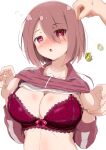  1girl bra breasts brown_hair cleavage eggman_(pixiv28975023) frilled_bra frills hair_over_one_eye heart heart-shaped_pupils highres hoshino_miyako_(wataten) hypnosis jacket lace-trimmed_bra lace_trim large_breasts lifted_by_self lingerie mind_control navel red_bra red_eyes red_jacket shiny shiny_hair shiny_skin short_hair simple_background solo sweat symbol-shaped_pupils track_jacket track_suit underwear upper_body watashi_ni_tenshi_ga_maiorita! white_background 