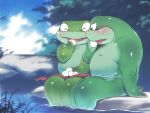  2021 amphibian anthro blush clothing duo eating food frog green_body kdmn male male/male outside sitting underwear water 