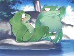  2021 amphibian anthro blush bulge clothing duo frog green_body kdmn male male/male outside slightly_chubby underwear water 