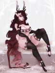  anthro bell big_breasts breasts brown_hair bunnywhiskerz cervid cleavage clothed clothing female hair hi_res jingle_bell looking_at_viewer mammal sitting solo 