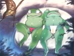  2021 amphibian anthro anus blush bulge clothing duo eyes_closed frog green_body kdmn male male/male outside sitting slightly_chubby underwear water 