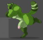  anthro balls big_balls big_penis black_nose canid canine claws colored erection fluffy fluffy_tail fur genitals green_body green_eyes green_fur green_tail huge_balls huge_penis humanoid_genitalia humanoid_penis looking_at_viewer male mammal multicolored_body muscular muscular_anthro muscular_male one_leg_up penis raccoon_dog raised_leg shaded short_ears signature simple_background smile solo standing tanuki wolfarion 