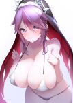  1girl absurdres bare_shoulders blush breasts cleavage covered_nipples cowboy_shot genshin_impact hair_over_one_eye highres huge_breasts looking_at_viewer nun parted_lips purple_eyes purple_hair rosaria_(genshin_impact) short_hair simple_background solo string_bikini swimsuit swimwear veil white_background xlyami 