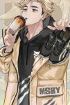  1boy bangs brown_eyes drinking drinking_straw haikyuu!! highres holding hood hoodie jacket keki_chogyegi looking_away male_focus miya_atsumu multicolored_hair open_clothes open_jacket shoes short_hair simple_background sneakers solo standing two-tone_hair 