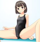  1girl absurdres bench black_hair black_swimsuit blue_background blue_eyes breasts clothes_writing competition_swimsuit covered_navel grin highleg highleg_swimsuit highres logo looking_at_viewer mizuno mole mole_under_eye one-piece_swimsuit original short_hair sitting small_breasts smile solo spread_legs striped striped_swimsuit swimsuit takafumi 