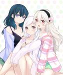  3girls alternate_costume bangs blonde_hair blue_eyes blue_hair blush breasts brown_eyes byleth_(fire_emblem) byleth_(fire_emblem)_(female) cleavage collarbone corrin_(fire_emblem) corrin_(fire_emblem)_(female) eyebrows_visible_through_hair feet_out_of_frame fire_emblem fire_emblem:_three_houses fire_emblem_awakening fire_emblem_fates hair_between_eyes hairband hand_on_another&#039;s_shoulder highres jacket kneeling knees_together_feet_apart leaning_on_person long_hair looking_at_viewer medium_breasts multiple_girls off_shoulder open_mouth pointy_ears polka_dot polka_dot_background puni_y_y red_eyes robin_(fire_emblem) robin_(fire_emblem)_(female) shirt shorts sidelocks sitting sleeveless sleeveless_shirt smile swept_bangs thighs white_hair 