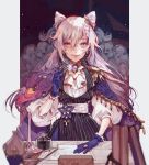  1girl alternate_costume artist_name blurry blurry_foreground book double_bun genshin_impact gloves hair_between_eyes hair_cones hair_ornament highres ink jewelry keqing_(genshin_impact) long_hair purple_eyes purple_hair russian_commentary saiprin solo 