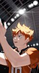  1boy absurdres arms_up bangs blurry brown_eyes haikyuu!! highres hinata_shouyou indoors looking_away lovemaronmeru0827 male_focus open_mouth orange_hair short_sleeves solo sportswear sweat twitter_username upper_body volleyball_uniform 