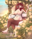  anthro ayne_(kitonkurai) bench breasts brown_body brown_fur canid canine canis countershade_arms countershade_face countershade_torso countershading curled_hair detailed_background digital_media_(artwork) domestic_dog female flower full-length_portrait fur grass hair hi_res holding_flower holding_object leaf leg_markings looking_at_object mammal markings miwwa navel nipples nude outside pink_nipples plant portrait red_hair shaded signature sitting slightly_chubby socks_(marking) solo tan_body tan_countershading tan_fur 