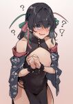  1girl ? black_hair blush bound bound_wrists breasts breasts_outside cuffs hair_over_eyes hair_ribbon handcuffs highres lactation off_shoulder original ribbon shackles solo sweat uno_ryoku 