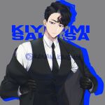  1boy bangs black_eyes black_gloves black_hair blazer character_name formal gloves grey_background haikyuu!! jacket kakan_king looking_at_viewer male_focus necktie off_shoulder open_clothes sakusa_kiyoomi shirt short_hair simple_background solo standing suit twitter_username vest white_shirt 