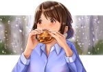  1girl blue_shirt blush brown_eyes brown_hair douki-chan_(yomu_(sgt_epper)) eating food ganbare_douki-chan hamburger highres kaneko_ryou medium_hair office_lady shirt upper_body 