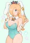  1girl animal_ears blonde_hair blue_background blue_eyes breasts bunny_ears cleavage collar covered_eyes crown earrings heart highres jewelry jivke large_breasts leotard lipstick makeup mario_(series) md5_mismatch one_eye_covered pale_skin rosalina simple_background star_(symbol) star_earrings super_mario_galaxy tail thick_thighs thighs wand 