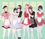  +_+ 6+girls akane_sawatari_(chainsaw_man) alternate_costume apron aqua_eyes arms_behind_back asymmetrical_hair bare_legs black_choker black_eyes black_hair black_headwear black_legwear black_neckwear blonde_hair blue_dress blue_eyes blue_headwear blush bow bowtie braid braided_ponytail breasts chainsaw_man character_name choker closed_eyes closed_mouth clothes_writing commentary cowboy_shot demon_horns dress eyebrows_visible_through_hair eyepatch frilled_dress frills grenade_pin hair_between_eyes hair_bun hair_ornament hairclip hands_on_hips hat higashiyama_kobeni highres himeno_(chainsaw_man) holding_hands horns hug long_hair looking_at_viewer maid maid_apron maid_headdress makima_(chainsaw_man) medium_breasts medium_hair mini_hat mole mole_under_eye multiple_girls open_mouth orange_eyes pink_dress pink_hair plaid plaid_apron power_(chainsaw_man) pulling red_dress red_eyes red_footwear red_hair reze_(chainsaw_man) ringed_eyes shoes short_hair short_sleeves slit_pupils small_breasts smile socks straight_hair striped tareme thighhighs toukaairab vertical_stripes visor_cap white_legwear yellow_eyes 