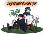  2021 abdominal_bulge absurd_res after_vore anthro awoogasm belly big_belly black_body black_fur blue_body blue_fur burping canid canine canis clothed clothing cowboy cowboy_hat digital_media_(artwork) duo english_text fur green_eyes hat headgear headwear hi_res leo_(thetwfz) male mammal multicolored_body multicolored_fur neck_tuft oral_vore red_body red_fur rumbling_stomach simple_background text tuft vore vox_(voxelcubed) wolf 