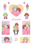  ! 2boys ? alternate_costume blush blush_stickers brown_eyes brown_hair cardigan cherry closed_eyes collage collared_shirt commentary_request desert doll food framed fruit glass green_hair grin heart heart_hands highres hilbert_(pokemon) holding holding_doll hood hoodie hug long_hair male_focus multiple_boys n_(pokemon) p_(flavorppp) pants pink_cardigan pink_hoodie pokemon pokemon_(game) pokemon_bw ponytail shirt shoes short_hair smile strawberry white_shirt yaoi 