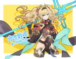 1girl blonde_hair blue_eyes breasts cropped_legs granblue_fantasy grin hairband hand_on_hip highres large_breasts osamu_(jagabata) over_shoulder polearm smile spear twintails weapon weapon_over_shoulder yellow_background zeta_(granblue_fantasy) 