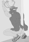  anthro antlers back_muscles backsack balls butt cervid clothing crouching ez footwear footwear_only genitals horn male mammal mostly_nude muscular muscular_anthro muscular_male raised_arms shoes shoes_only short_tail sneakers solo 