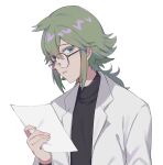  1boy alternate_costume bangs bespectacled eyebrows_visible_through_hair fingernails glasses green_hair grey_eyes hair_between_eyes hand_up highres holding holding_paper jacket long_hair looking_at_viewer male_focus n_(pokemon) open_clothes open_jacket p_(flavorppp) paper parted_lips pokemon pokemon_(game) pokemon_bw ponytail round_eyewear simple_background solo upper_body white_background white_jacket 