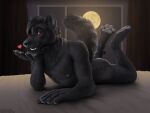  &lt;3 2021 anthro black_body black_fur black_hair blowing_kiss butt canid canine collar curtains digitigrade facial_piercing full_moon fur hair legs_up looking_at_viewer lying male mammal moon night nipples nose_piercing nose_ring on_front pawpads paws piercing red_eyes seductive solo virtyalfobo 