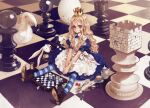  1girl alice_(wonderland) alice_in_wonderland blonde_hair blue_eyes board_game boots bunny card chess chess_piece crown cup dice dress egg fork hat highres hourglass knife long_hair looking_at_viewer lying_card oversized_object oyari_ashito playing_card pocket_watch queen redrawn sitting solo spoon striped striped_legwear sugar_bowl sugar_cube tea teacup thighhighs watch white_rabbit 