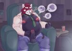  2021 ailurid anthro balls black_body black_fur bottomwear clothed clothing erection eyes_closed fur furniture genitals hi_res male mammal milkysodaa necktie open_clothing open_shirt open_topwear overweight overweight_male pants penis red_body red_fur red_panda shirt sitting smoking sofa solo topwear 