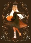  1girl black_dress black_footwear dress earrings food full_body halloween happy_halloween highres holding holding_food holding_pumpkin holding_vegetable jewelry long_hair long_sleeves looking_at_viewer okeno_kamoku original pointy_ears pumpkin red_eyes shadow smile solo sparkle standing vegetable white_hair 