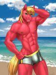  2021 abs absurd_res anthro beach big_macintosh_(mlp) bulge clothed clothing cutie_mark equid equine friendship_is_magic hand_behind_head hasbro hi_res looking_at_viewer male mammal muscular muscular_anthro muscular_male my_little_pony mykegreywolf nipples red_body sand sea seaside smile sport_swimsuit swimwear topless water 