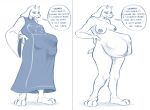  2021 abdominal_bulge after_vore anthro boss_monster bovid breasts caprine clothing convexpert duo english_text female goat hi_res mammal monochrome nipples nude overweight simple_background speech_bubble text toriel undertale video_games vore white_background 