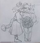  &lt;3 2021 anthro black_and_white blush blushing_profusely boots bottomwear bouquet bouquet_of_flowers canid canine canis clothed clothing cute_expression cute_face domestic_cat domestic_dog dress duo felid feline felis female female/female flower footwear full-length_portrait fur hair happy hat headgear headwear hi_res itzurhyka_durtti_(character) kissing kissing_cheek legwear mammal monochrome pants plant portrait samy_(king_pangolin) simple_background sketch smile solo sugarlycream sweater tailwag topwear traditional_media_(artwork) watermark 