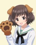  1girl akiyama_yukari animal_ears bangs black_neckwear blouse brown_eyes brown_hair commentary dog_ears eyebrows_visible_through_hair girls_und_panzer gloves kemonomimi_mode long_sleeves looking_at_viewer messy_hair neckerchief ooarai_school_uniform open_mouth paw_gloves paws sailor_collar sakurakkuma school_uniform serafuku short_hair simple_background smile solo upper_body white_blouse white_sailor_collar yellow_background 