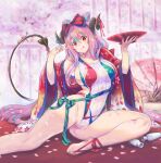  1girl blue_hair breasts cherry_blossoms commentary_request cup demon_girl demon_horns demon_tail floral_print gradient_kimono highleg highleg_swimsuit highres horns japanese_clothes kimono kiyama_satoshi large_breasts long_hair looking_at_viewer multicolored multicolored_clothes multicolored_hair multicolored_swimsuit nakajima_pepero oil-paper_umbrella original petals pink_hair pointy_ears red_eyes red_kimono red_ribbon ribbed_swimsuit ribbon sakazuki saucer sideboob sitting solo streaked_hair swimsuit tail tokkuri umbrella v virtual_youtuber white_swimsuit yokozuwari 