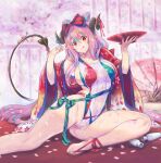  1girl alcohol blue_hair breasts cherry_blossoms commentary_request cup demon_girl demon_horns demon_tail floral_print gradient_kimono highleg highleg_swimsuit highres horns japanese_clothes kimono kiyama_satoshi large_breasts long_hair looking_at_viewer multicolored multicolored_clothes multicolored_hair multicolored_swimsuit nakajima_pepero oil-paper_umbrella original petals pink_hair pointy_ears red_eyes red_kimono red_ribbon ribbed_swimsuit ribbon sakazuki sake saucer sideboob sitting solo streaked_hair swimsuit tail tokkuri umbrella v virtual_youtuber wet wet_clothes wet_swimsuit white_swimsuit yokozuwari 