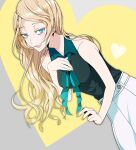  1girl bare_shoulders black_shirt blonde_hair blue_eyes collared_shirt earrings eyebrows eyelashes haiba_arisa haikyuu!! half-closed_eyes heart heart_background jewelry kurobara long_hair looking_at_viewer shirt skirt sleeveless solo white_skirt yellow_nails 