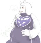  2016 after_vore anthro belly blush boss_monster bovid breasts caprine clothing female fur goat hand_on_stomach mammal overweight overweight_anthro overweight_female rumbling_stomach simple_background solo text toriel undertale unknown_artist video_games vore white_background white_body white_fur 