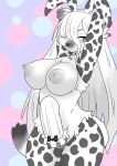  anthro areola armwear breasts clothing ear_tuft elza_(ishuzoku_reviewers) erect_nipples fake_ears fur fur_tuft hair hair_over_eye hi_res hyaenid ishuzoku_reviewers legwear mammal nipples nishiki_(artist) one_eye_obstructed pattern_armwear pattern_clothing pattern_legwear puffy_areola raised_arms reverse_bunny_costume solo spots spotted_armwear spotted_clothing spotted_hyena spotted_legwear tuft 