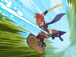  1girl armor eyebrows_visible_through_hair gloves hair_ornament headband highres japanese_clothes kamura_(armor) long_hair looking_at_viewer lyoung0j monster_hunter_(series) monster_hunter_rise orange_hair ponytail smile solo sword thighhighs weapon 