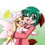  &gt;_&lt; +++ 2girls :d ;d animal_ears blonde_hair blush capelet cheek-to-cheek dress fairy_wings gradient gradient_background green_background green_hair hat hug kasodani_kyouko lily_white long_hair long_sleeves looking_at_viewer lowres multiple_girls one_eye_closed open_mouth outstretched_arms pink_shirt rakugaki-biyori shirt short_hair smile tail touhou upper_body very_long_hair white_background white_capelet white_dress white_headwear wings 